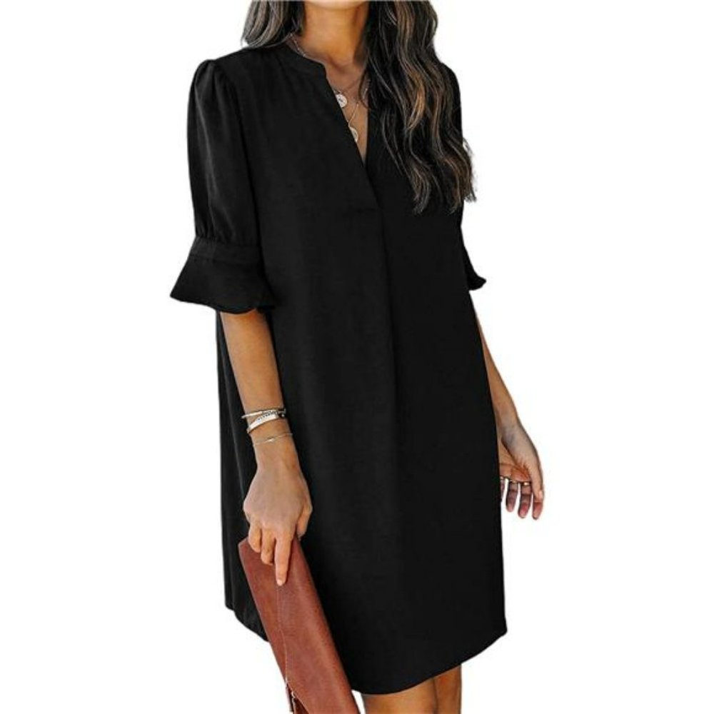 Women's V Neck Ruffle Short Sleeve Simple Solid Color Casual Summer Dress